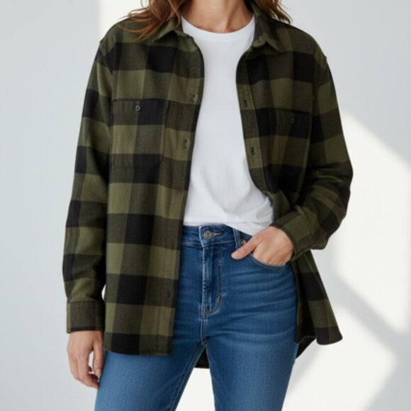 H&M Tops - H&M Divided Long Sleeve Collared Button Down Flannel Shirt-Size XL-Grn/Blk Plaid